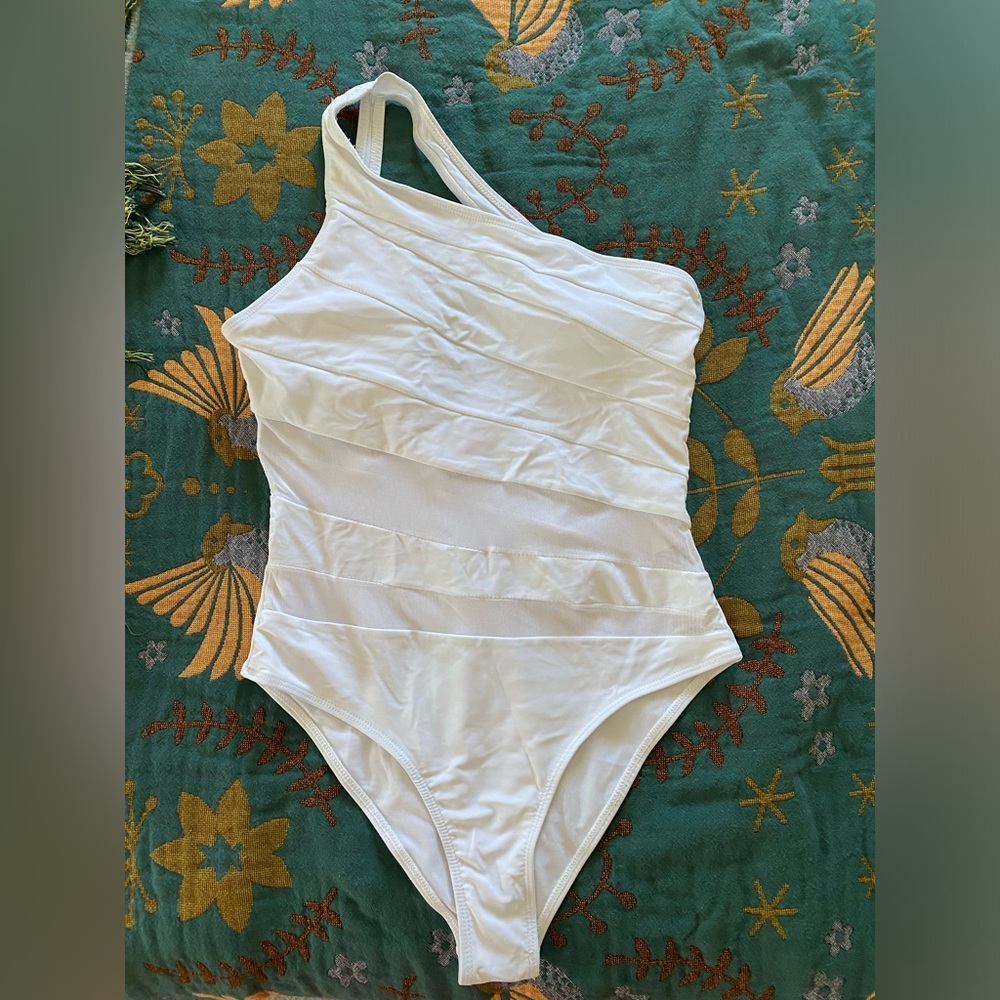 Pink Lily white one piece swimsuit. Off shoulder.